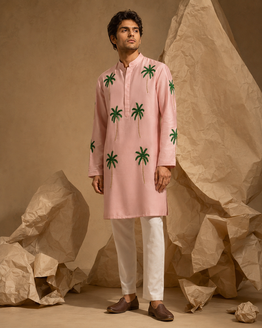 Shell pink palm groove kurta