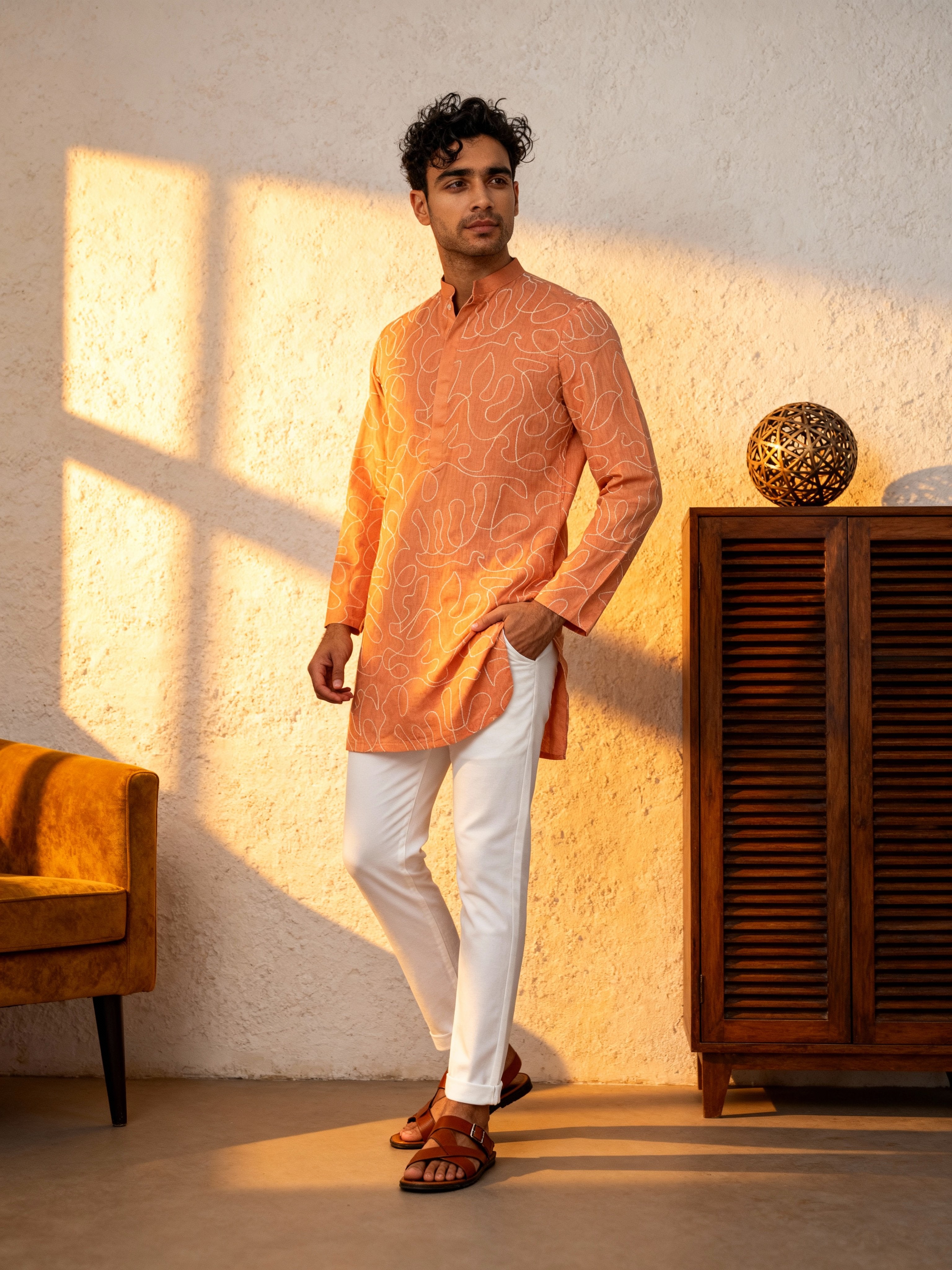 Peach Line Art Kurta