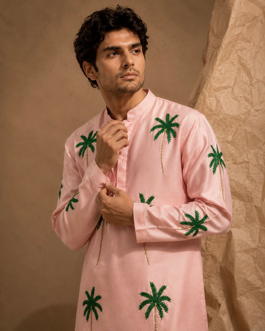 Shell pink palm groove kurta