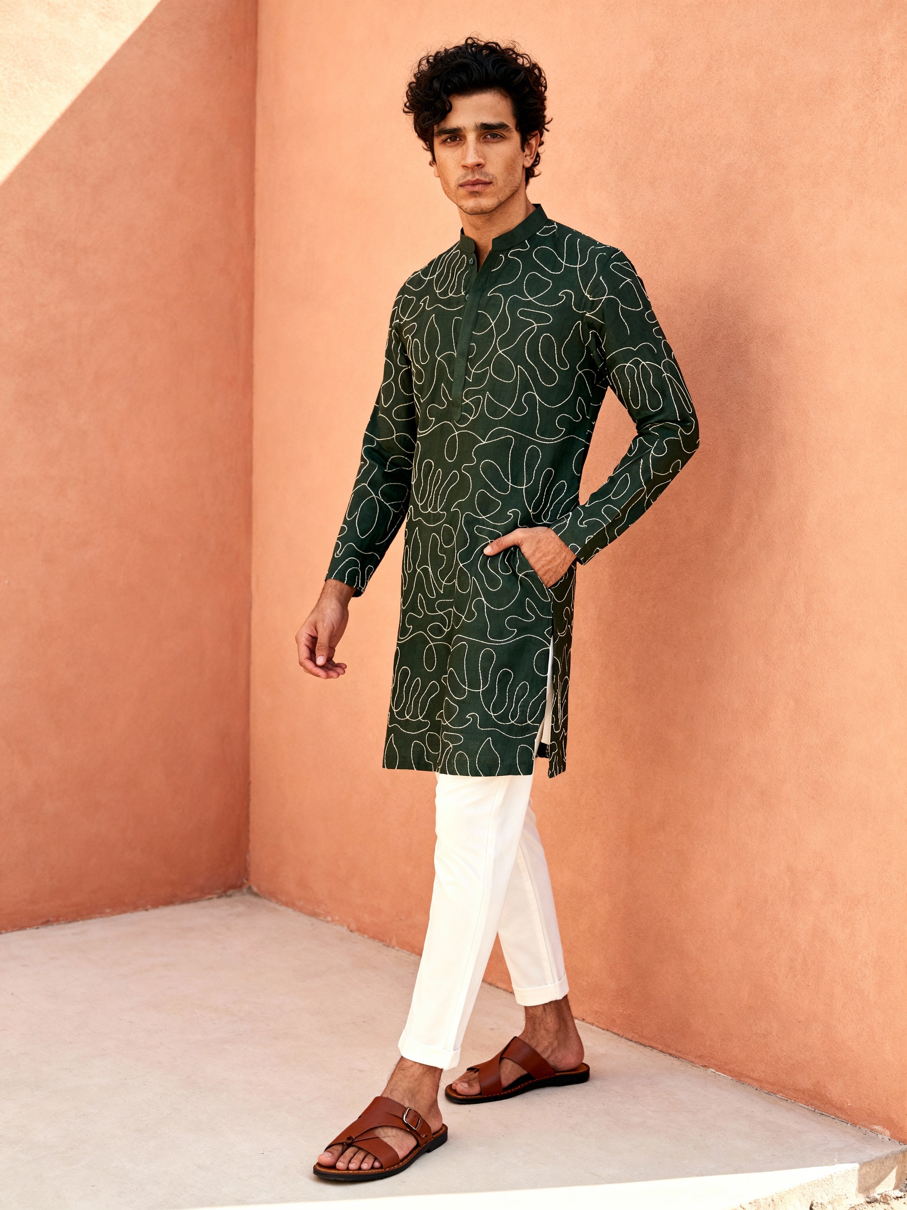 Forest Green Line art Kurta