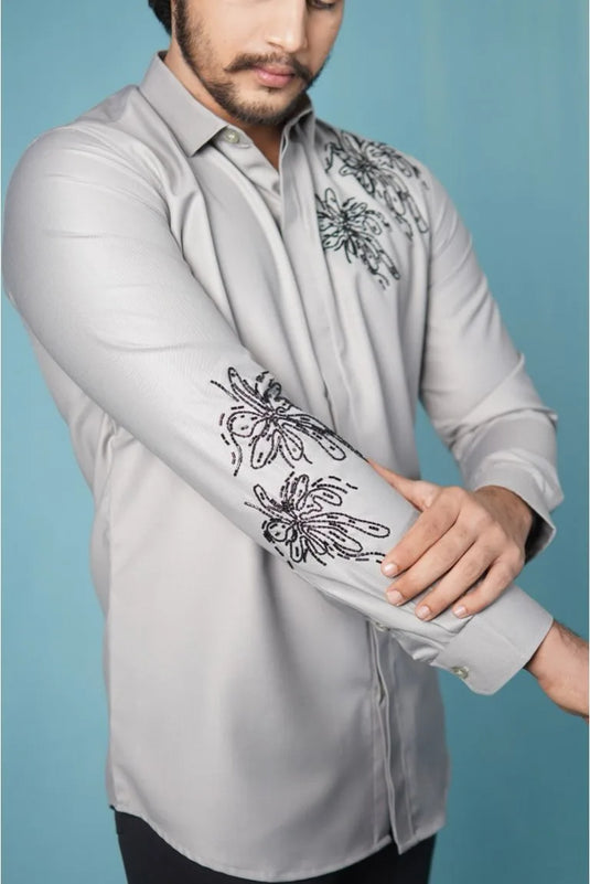 Pearl Silver Foliage Motif Shirt