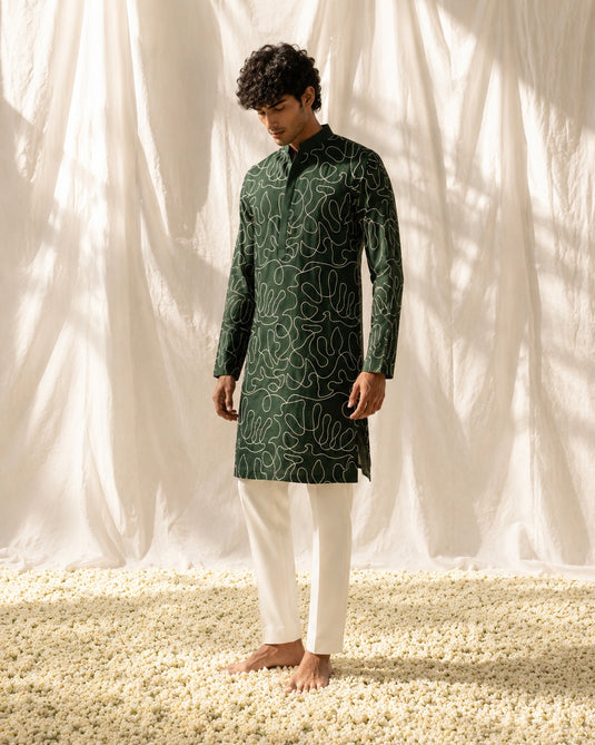 Bottle Green Line Art Kurta